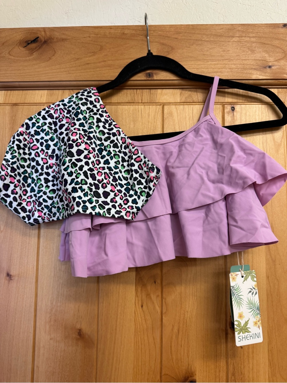 Shekini Lilac Ruffle Bikini Top with Multicolor Leopard Bottoms